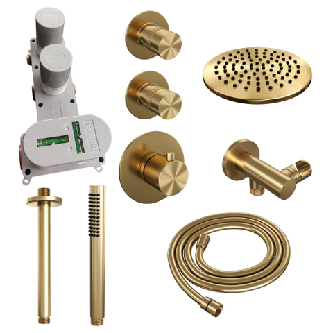 Brauer Gold Edition Ensemble de douche pluie encastré - douche principale 20cm - bras plafond - 3 boutons lisses - douchette à main 1 fonction - PVD - or brossé SW547670
