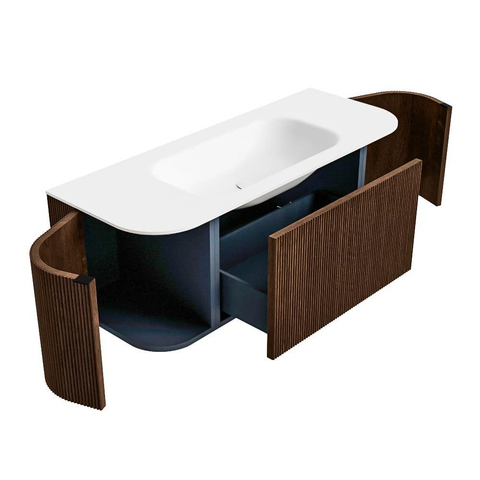 MONDIAZ KURVE 120cm badmeubel met module 25 Len R kleur Walnut met 1 lade en 2 deuren. Wastafel BIG SMALL midden 1 kraangat Talc. SW1122698