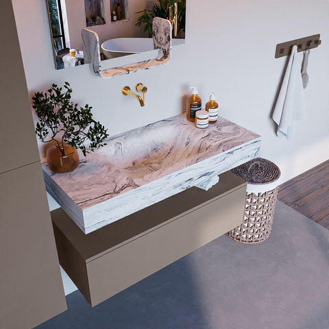 Mondiaz ALAN-DLUX Ensemble de meuble - 100cm - meuble Smoke mat - 1 tiroir - Lavabo Cloud Glace suspendu - vasque Centre - 0 trous de robinet SW805768