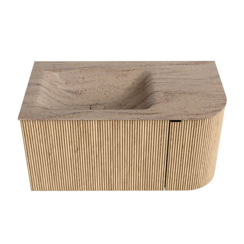 MONDIAZ KURVE-DLUX Meuble de salle de bains 85cm arrondi Droite couleur Chêne avec 1 tiroir et 1 porte. Lavabo CLOUD Gauche 1 trou de robinet Saba. SW1433045