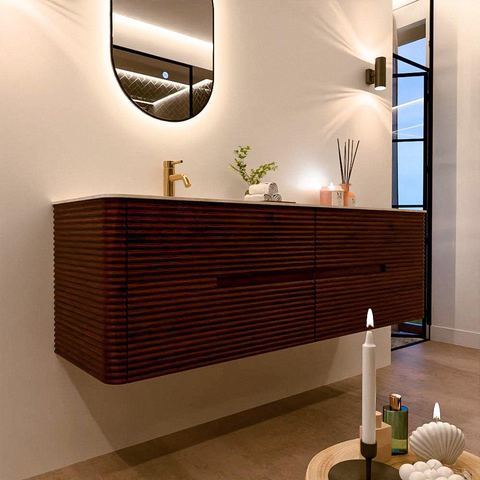 Mondiaz CIRO-DLUX Badkamermeubelset - 160x45x50cm - Solid surface wastafel Meli - 1 wasbak Links - 1 kraangat - 4 lades - Ruby SW1531790