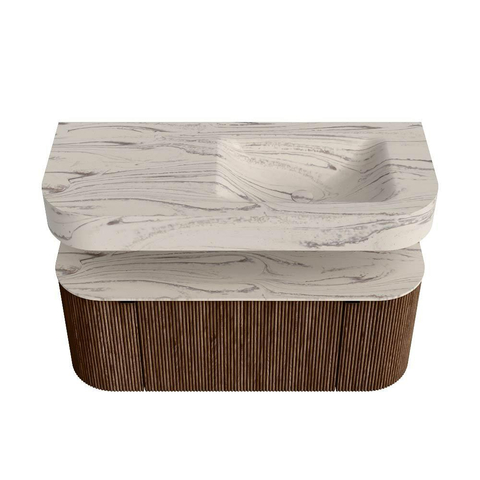 MONDIAZ THOR-DLUX 110cm badmeubel ronding links + rechts kleur Walnut met 1 lade en 2 deuren. Vrijhangende wastafel CLOUD Rechts 1 kraangat kleur Nata. SW1462949