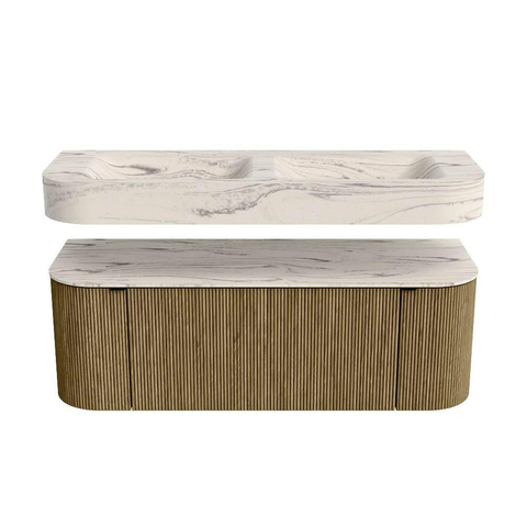 MONDIAZ THOR-DLUX 130cm meuble de salle de bains arrondi gauche + droite couleur Dusk avec 1 tiroir et 2 portes. Vasque suspendue CLOUD Double 2 trous de robinet couleur Nata. SW1463849