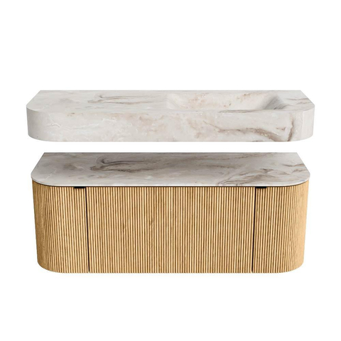 MONDIAZ THOR-DLUX Meuble de salle de bains 120cm arrondi gauche + droite couleur Oak avec 1 tiroir et 2 portes. Vasque suspendue CLOUD Droite 1 trou de robinet couleur Frappe. SW1463060