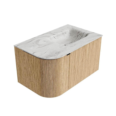 MONDIAZ KURVE-DLUX Meuble de salle de bains 75 cm avec module 25 L couleur Oak avec 1 tiroir et 1 porte. Lavabo GRUNNE à droite 1 trou de robinet couleur Glace. SW1137887