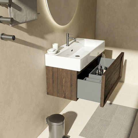 Saniclass Holz Frame Ensemble meuble de salle de bains - 100x45x52cm - Legend lavabo en céramique blanc - 1 vasque - 1 trou de robinetterie - 1 tiroir - chêne charcoal mat (bois) SW1478494