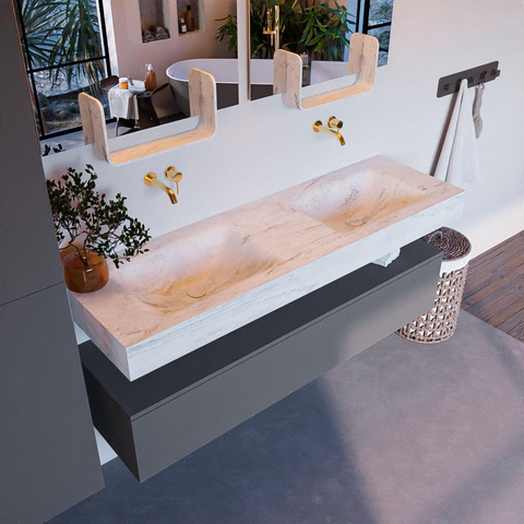 Mondiaz ALAN-DLUX Ensemble de meuble - 150cm - meuble Plata mat - 1 tiroir - Lavabo Cloud Opalo suspendu - vasque Gauche et droite - 0 trous de robinet SW806909