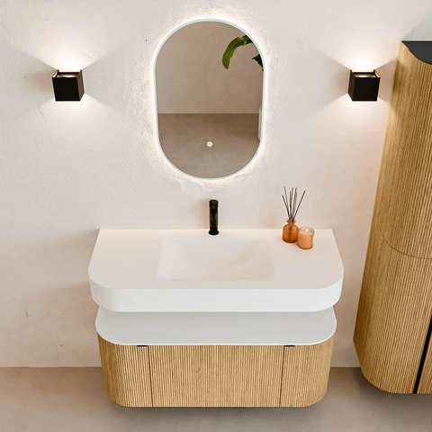 MONDIAZ THOR 110cm meuble de salle de bains arrondi gauche + droite couleur Chêne avec 1 tiroir et 2 portes. Vasque suspendue CLOUD Milieu 1 trou de robinet couleur Talc. SW1462722