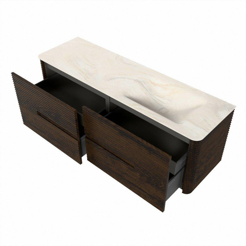 Mondiaz CIRO-DLUX Badkamermeubelset - 150x45x50cm - Solid surface wastafel Ostra - 1 wasbak Rechts - 1 kraangat - 4 lades - Walnut SW1530377