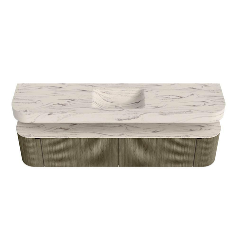MONDIAZ THOR-DLUX 200cm meuble de salle de bains arrondi gauche + droite couleur Shadow avec 2 tiroirs et 2 portes. Vasque suspendue CLOUD Milieu 1 trou de robinet couleur Nata. SW1467181