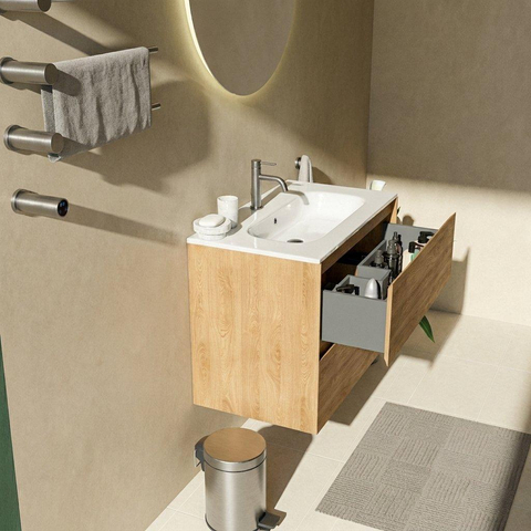 Saniclass Holz Pure Badkamermeubelset - 80x45x73.9cm - Chaci keramische wastafel wit - 1 wasbak - 1 kraangat - 2 lades - mat eiken natural (hout) SW1478801