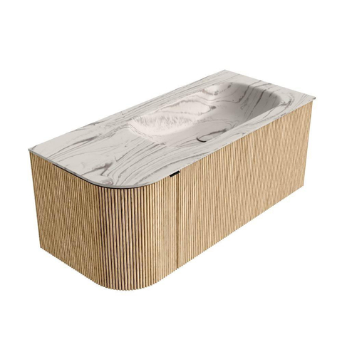 MONDIAZ KURVE-DLUX 105cm badmeubel ronding Links kleur Oak met 1 lade en 1 deur. Wastafel BIG SMALL Rechts 1 kraangat Nata. SW1432081