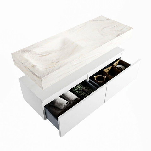 Mondiaz ALAN-DLUX Ensemble de meuble - 120cm - meuble Talc mat - 2 tiroirs - Lavabo Cloud Ostra suspendu - vasque Gauche - 0 trous de robinet SW807017