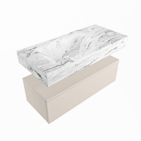 Mondiaz ALAN-DLUX Ensemble de meuble - 100cm - meuble Linen mat - 1 tiroir - Lavabo Cloud Glace suspendu - vasque Gauche - 0 trous de robinet SW806003