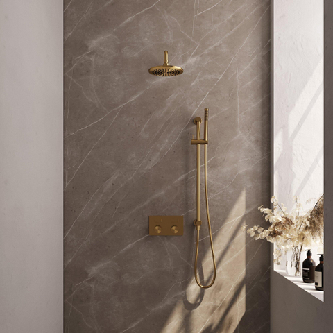 BRAUER Gold Carving Thermostatische Regendouche inbouw - drukknoppen - SET 63 - 20cm hoofddouche - gebogen muurarm - staaf handdouche - doucheslang - geïntegreerde glijstang - goud geborsteld PVD SW925635
