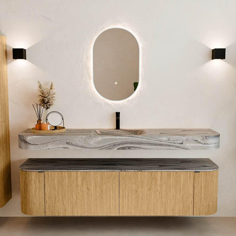 MONDIAZ THOR-DLUX 180cm meuble de salle de bains arrondi gauche + droite couleur Oak avec 2 tiroirs et 2 portes. Vasque suspendue CLOUD Milieu 1 trou de robinet couleur Sombra. SW1466267