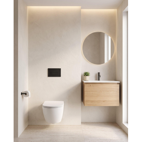 Pack WC QeramiQ Dely Swirl Compact - réservoir encastrable Geberit UP320 - avec bâti-support Burda - abattant slim - plaque de commande en métal noir mat - boutons rectangulaires - blanc brillant SW1592289