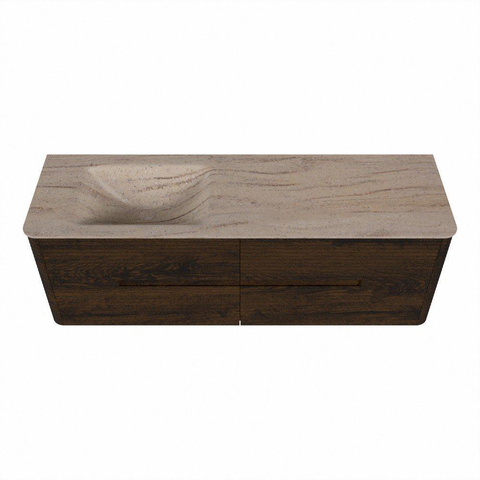 Mondiaz CIRO-DLUX Meuble de salle de bains - 150x45x50cm - Plan vasque Solid surface Saba - 1 lavabo à gauche - sans trous de robinetterie - 4 tiroirs - Noyer SW1530711