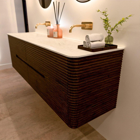 Mondiaz CIRO-DLUX Badkamermeubelset - 170x45x50cm - Solid surface wastafel Opalo - 2 wasbak Dubbel - zonder kraangaten - 4 lades - Walnut SW1530331