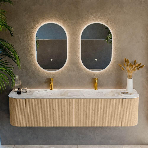 MONDIAZ KURVE-DLUX meuble de salle de bains 180 cm avec module 25 Len R couleur Chêne avec 2 tiroirs et 2 portes. Lavabo LEAF double 2 trous de robinet couleur Glace. SW1137988
