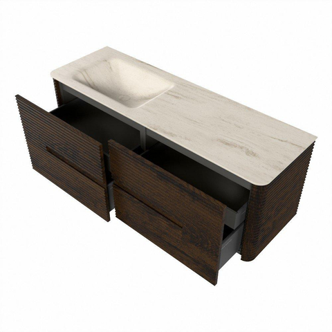 Mondiaz CIRO-DLUX Badkamermeubelset - 140x45x50cm - Solid surface wastafel Meli - 1 wasbak Links - zonder kraangaten - 4 lades - Walnut SW1530521