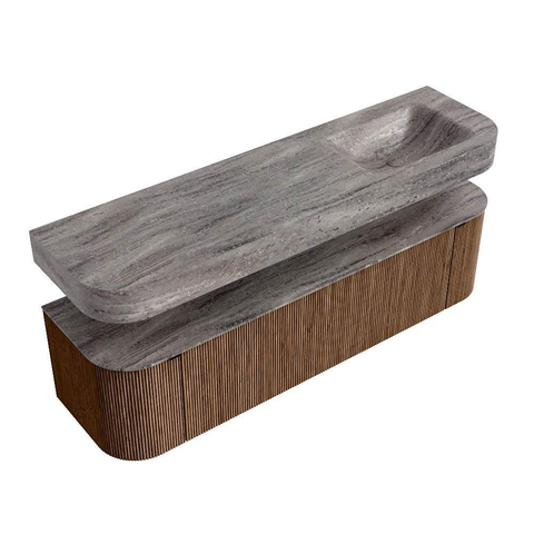 MONDIAZ THOR-DLUX 170cm badmeubel ronding links + rechts kleur Walnut met 1 lade en 2 deuren. Vrijhangende wastafel CLOUD Rechts zonder kraangat kleur Oza. SW1465682