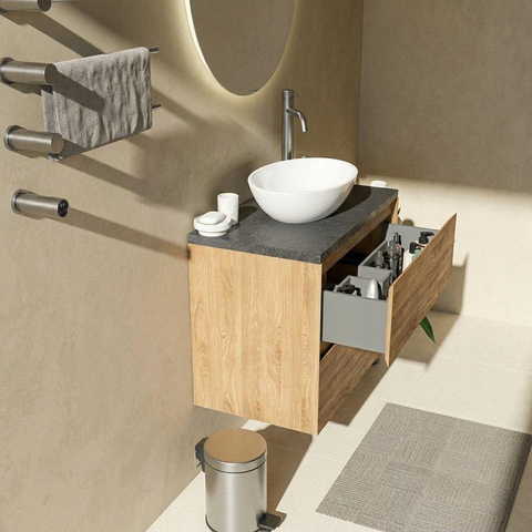 Saniclass Holz Pure Badkamermeubelset - 80x45x63cm - Noche basalten wastafelblad gepolijst (zwart) - 1 kraangat - 2 lades - mat eiken natural (hout) SW1478546