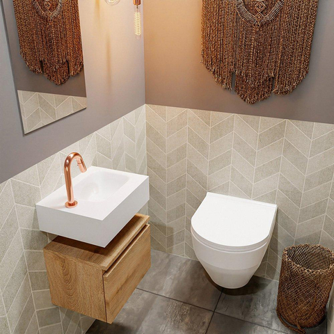 MONDIAZ ANDOR Toiletmeubel - 40x30x30cm - 1 kraangat - 1 lades - washed oak mat - wasbak rechts - Solid surface - Wit SW474261