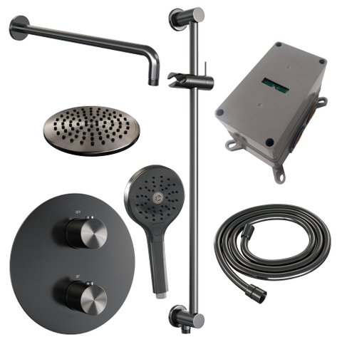 BRAUER Gunmetal Edition thermostatische Inbouw Regendouche - 3-weg - rond - set 93 - 20cm hoofddouche - gebogen muurarm - 3-standen handdouche - doucheslang - geïntegreerde glijstang - gunmetal geborsteld PVD SW1159103