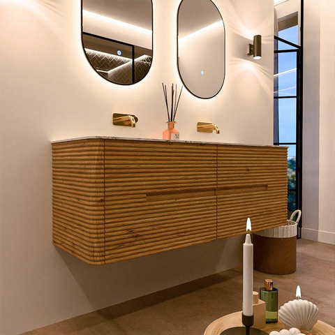 Mondiaz CIRO-DLUX Meuble de salle de bains - 140x45x50cm - Plan vasque solid surface Glace - 2 vasques Double - sans trous de robinet - 4 tiroirs - Chêne SW1530820