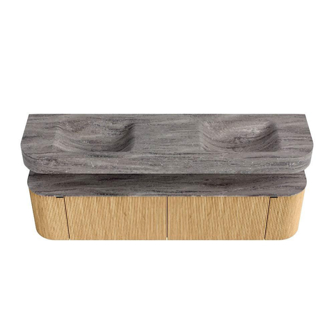 MONDIAZ THOR-DLUX 180cm badmeubel ronding links + rechts kleur Oak met 2 lades en 2 deuren. Vrijhangende wastafel CLOUD Dubbel 2 kraangaten kleur Oza. SW1466278