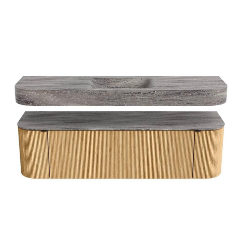 MONDIAZ THOR-DLUX 160cm meuble de salle de bains arrondi gauche + droite couleur Oak avec 1 tiroir et 2 portes. Vasque suspendue CLOUD Milieu sans trou de robinet couleur Oza. SW1465278