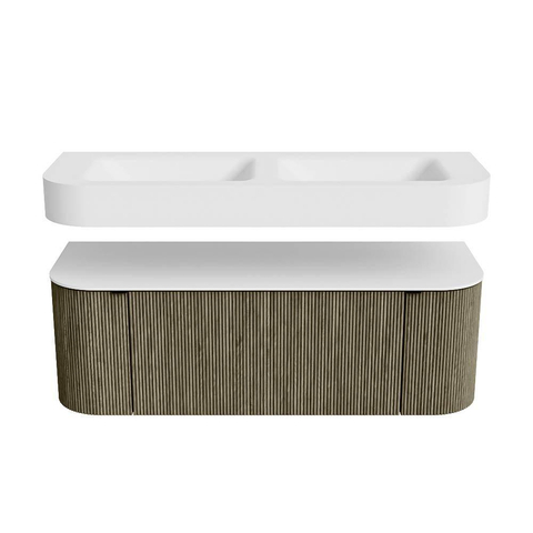 MONDIAZ THOR 130cm meuble de salle de bains arrondi gauche + droite couleur Shadow avec 1 tiroir et 2 portes. Vasque suspendue CLOUD Double 2 trous de robinet couleur Talc. SW1463716
