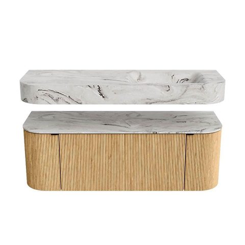 MONDIAZ THOR-DLUX 130cm meuble de salle de bains arrondi gauche + droite couleur Oak avec 1 tiroir et 2 portes. Vasque suspendue CLOUD droite sans trou de robinet couleur Glace. SW1463519