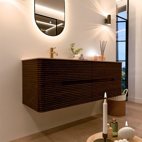 Mondiaz CIRO-DLUX Ensemble de meubles de salle de bains - 140x45x50cm - Plan-vasque Solid surface Saba - 1 lavabo à gauche - 1 trou de robinetterie - 4 tiroirs - Noyer SW1530670