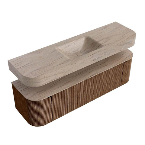 MONDIAZ THOR-DLUX 160cm meuble de salle de bains arrondi gauche + droite couleur Walnut avec 1 tiroir et 2 portes. Vasque suspendue CLOUD Milieu sans trou de robinet couleur Saba. SW1465356