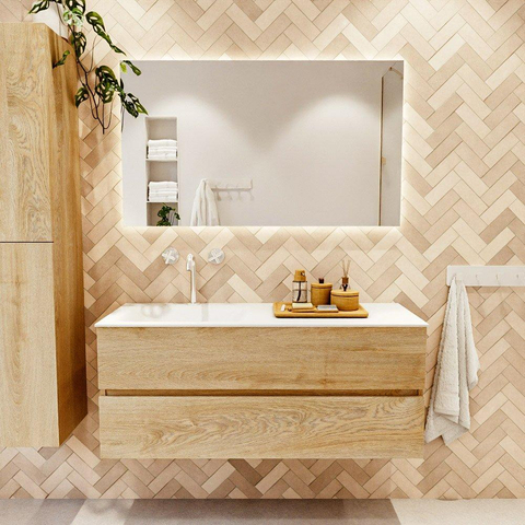 MONDIAZ VICA meuble sous lavabo 120cm Chêne blanchi 2 tiroirs. Lavabo CLOUD gauche 1 trou de robinet, couleur Talc. SW1381902