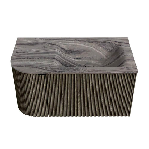 MONDIAZ KURVE-DLUX Meuble de salle de bains 85cm arrondi à gauche couleur Shadow avec 1 tiroir et 1 porte. Lavabo CLOUD à droite 1 trou de robinet Sombra. SW1433735