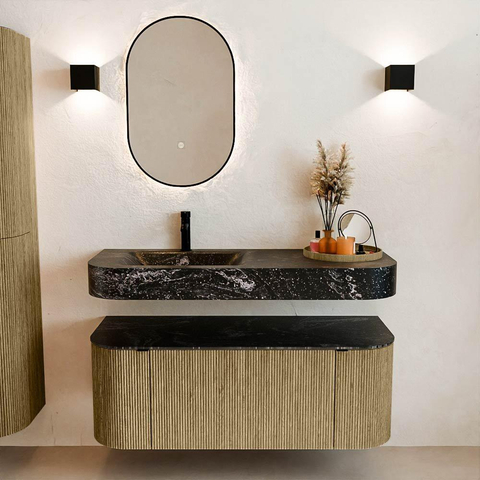 MONDIAZ THOR-DLUX 120cm meuble de salle de bains arrondi gauche + droite couleur Dusk avec 1 tiroir et 2 portes. Vasque suspendue CLOUD gauche 1 trou de robinet couleur Lava. SW1463310
