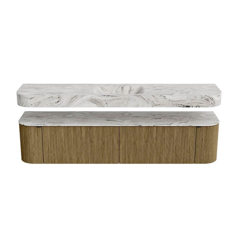 MONDIAZ THOR-DLUX 200cm meuble de salle de bains arrondi gauche + droite couleur Dusk avec 2 tiroirs et 2 portes. Vasque suspendue CLOUD Centre sans trou de robinet couleur Glace. SW1466838