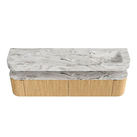 MONDIAZ THOR-DLUX 200cm badmeubel ronding links + rechts kleur Oak met 2 lades en 2 deuren. Vrijhangende wastafel CLOUD Rechts 1 kraangat kleur Glace. SW1466952