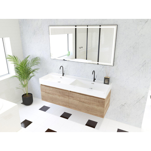 H&R Badmeubelen Matrix 3D badkamermeubelset 140cm 2 laden greeploos met greeplijst in kleur French oak met wasbak kube 2 kraangaten wit SW857139