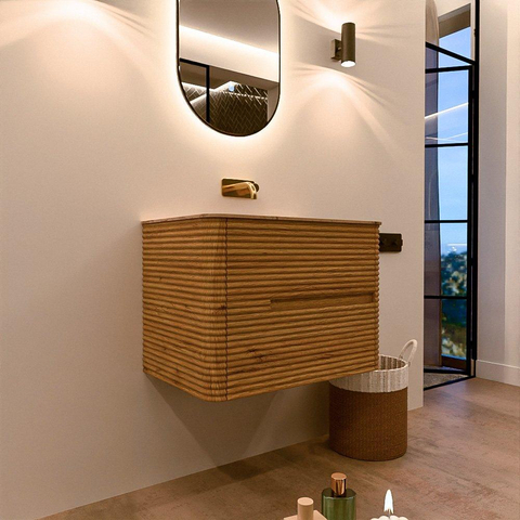 Mondiaz CIRO-DLUX Badkamermeubelset - 70x45x50cm - Solid surface wastafel Arena - 1 wasbak Midden - zonder kraangaten - 2 lades - Oak SW1530953