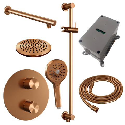 BRAUER Douche pluie thermostatique encastrée en cuivre - 3 voies - rond - ensemble 91 - douche principale de 20 cm - bras mural droit - douchette à main à 3 positions - flexible de douche - barre de douche intégrée - cuivre brossé PVD SW1159107