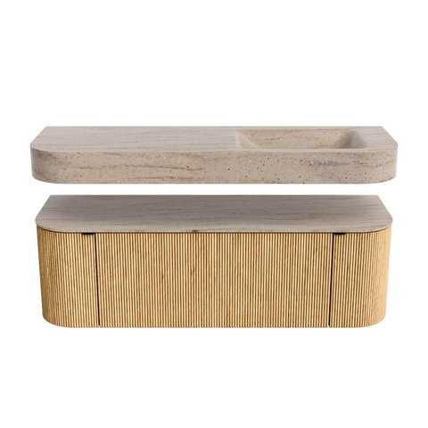 MONDIAZ THOR-DLUX 140cm badmeubel ronding links + rechts kleur Oak met 1 lade en 2 deuren. Vrijhangende wastafel CLOUD Rechts zonder kraangat kleur Saba. SW1464328