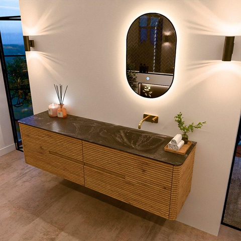 Mondiaz CIRO-DLUX Badkamermeubelset - 180x45x50cm - Solid surface wastafel Lava - 1 wasbak Rechts - zonder kraangaten - 4 lades - Oak SW1530994