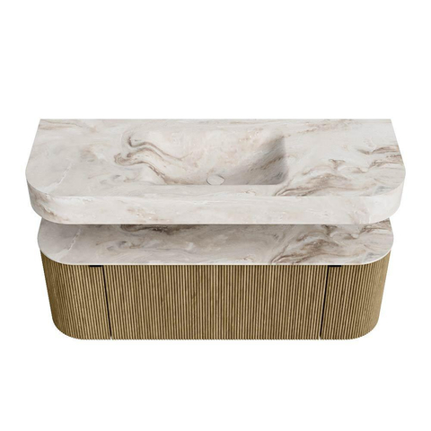MONDIAZ THOR-DLUX 130cm meuble de salle de bains arrondi gauche + droite couleur Dusk avec 1 tiroir et 2 portes. Vasque suspendue CLOUD Centre sans trou de robinet couleur Frappe. SW1463666