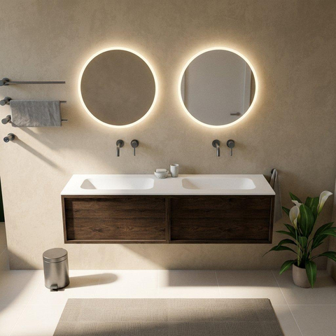 Saniclass Holz Frame Ensemble de meubles de salle de bains - 160x45x41.5cm - lavabo Flow en solid surface blanc - 2 vasques - sans trous de robinet - 2 tiroirs - chêne charcoal mat (bois) SW1478448