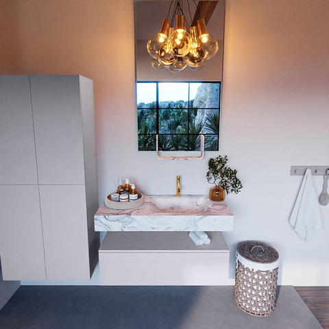 Mondiaz ALAN-DLUX Ensemble de meuble - 100cm - meuble Cale mat - 1 tiroir - Lavabo Cloud Glace suspendu - vasque Droite - 1 trou de robinet SW806071