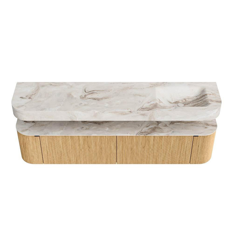 MONDIAZ THOR-DLUX 200cm meuble de salle de bains arrondi gauche + droite couleur Chêne avec 2 tiroirs et 2 portes. Vasque suspendue CLOUD Droite sans trou de robinet couleur Frappe. SW1466944